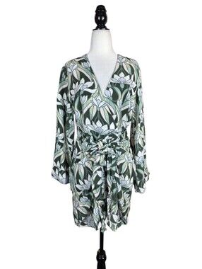 Kenny Flowers The Queen Street Wrap Mini Linen Dress w/ bell sleeves V neck